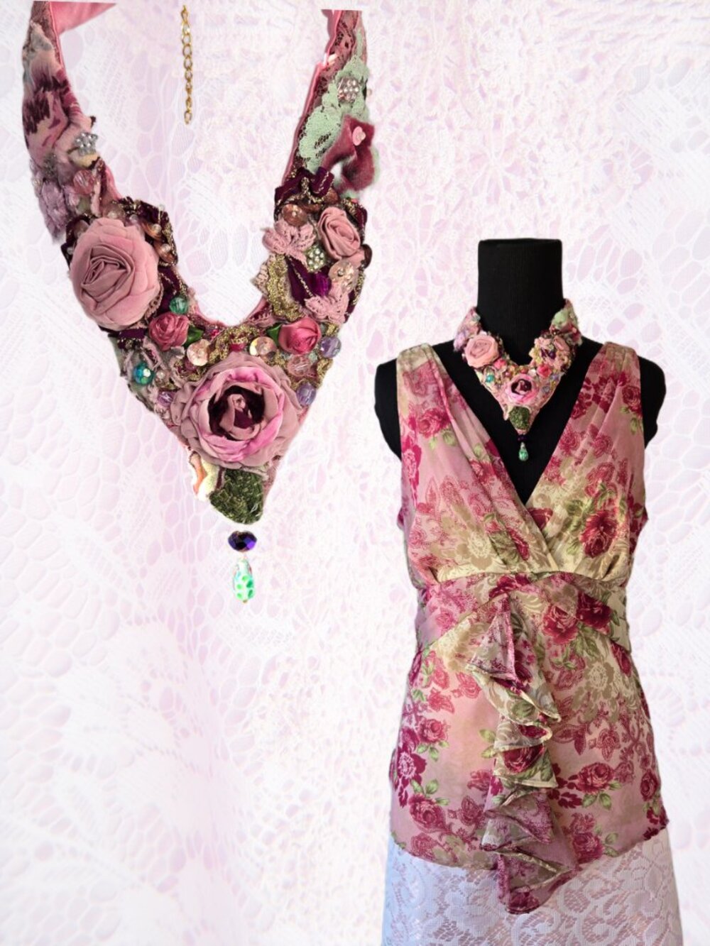 Handmade Rose Embroidered Necklace Collar Vneckline Vtg.Y2K-Style Fairycore